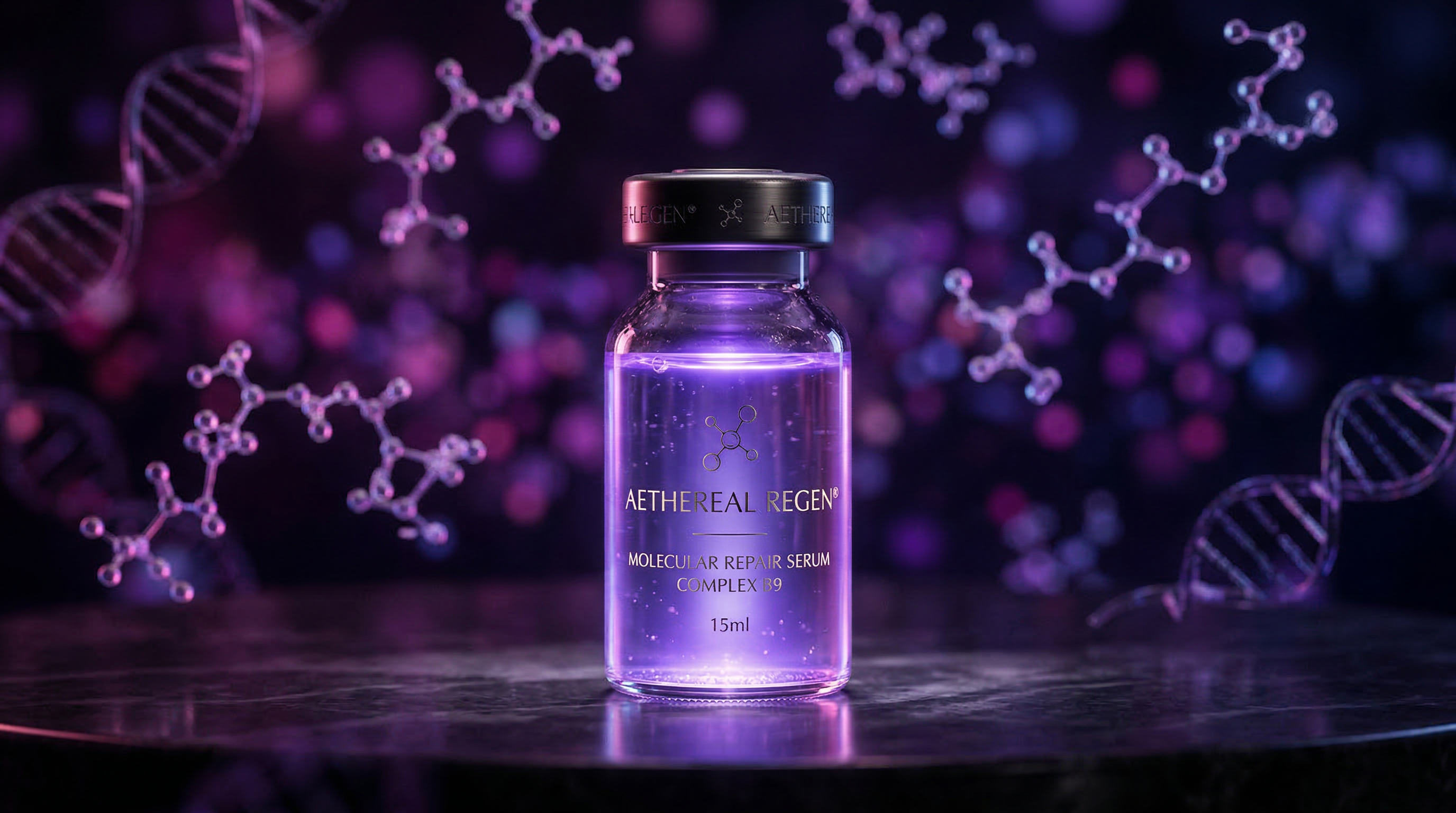 Peptide therapy vial with molecular structures