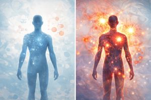 Illustration comparing a regulated body with a stressed body showing inflammation and fatigue