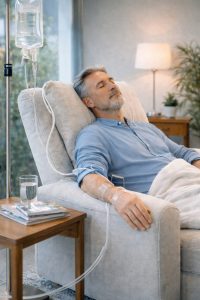 Individual receiving intravenous therapy in a calm clinical environment as part of supportive wellness care