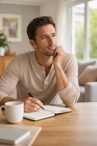 Thoughtful man reflecting on personalized wellness care and individual health decisions in a calm home setting.