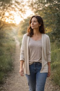 Woman walking outdoors symbolizing how personalized wellness care adapts to context and timing over time.