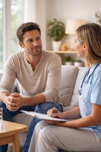 Calm clinical conversation about personalized wellness care between a patient and healthcare professional.