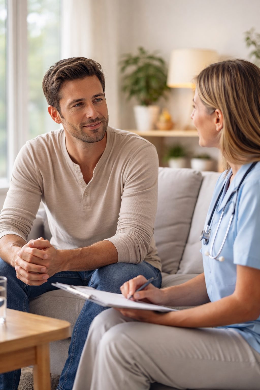 Calm clinical conversation about personalized wellness care between a patient and healthcare professional.