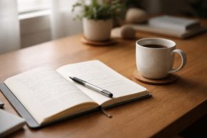 Notebook and coffee on a wooden desk representing reflection on how to choose supportive care thoughtfully.