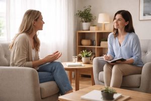 Calm professional conversation about how to choose supportive care in a modern office setting.