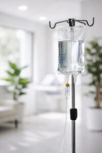 Clear IV bag in a modern wellness clinic representing IV therapy for energy and recovery support.