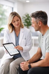 Healthcare professional discussing supportive IV care with a patient in a modern clinic setting.