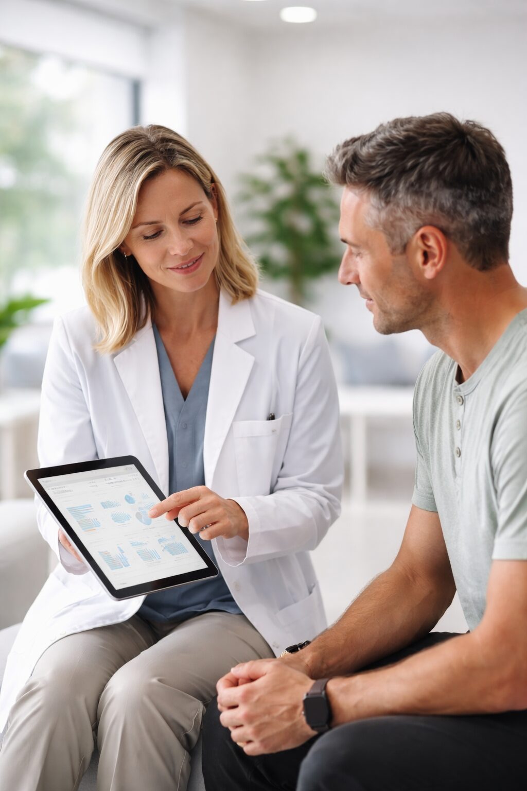 Healthcare professional discussing supportive IV care with a patient in a modern clinic setting.
