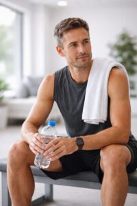 Athletic man resting after exercise holding a water bottle, illustrating recovery and hydration support.
