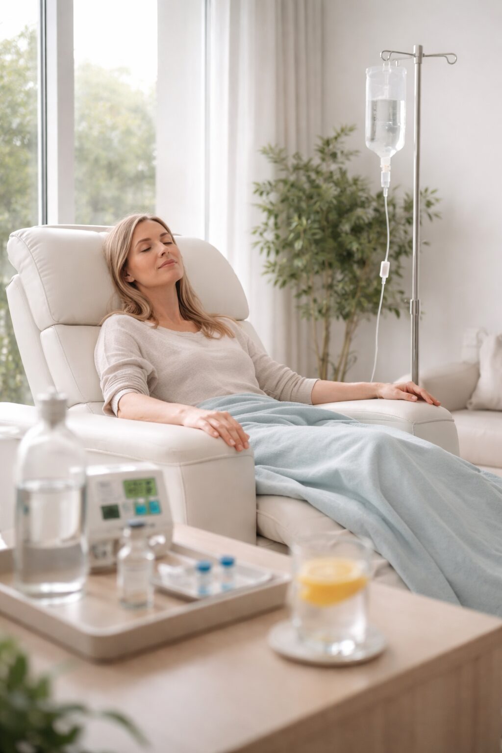 Supportive IV therapy for fatigue in a calm clinical setting focused on hydration