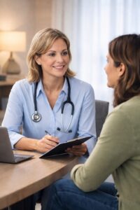 Medical consultation discussing energy, recovery, and individualized wellness evaluation