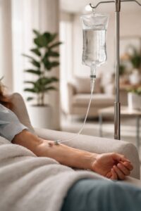 Supportive IV hydration therapy in a calm clinical environment for dehydration related symptoms
