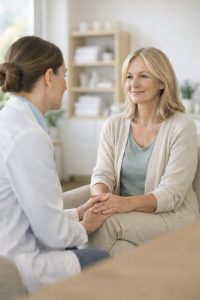 Wellness consultation between a healthcare professional and an adult patient focused on long-term health support and ongoing care