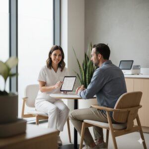 Healthcare professional discussing dehydration and altitude symptoms with patient in a clinical setting