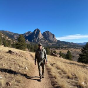 Person walking near the Flatirons in Boulder at high altitude under dry climate conditions