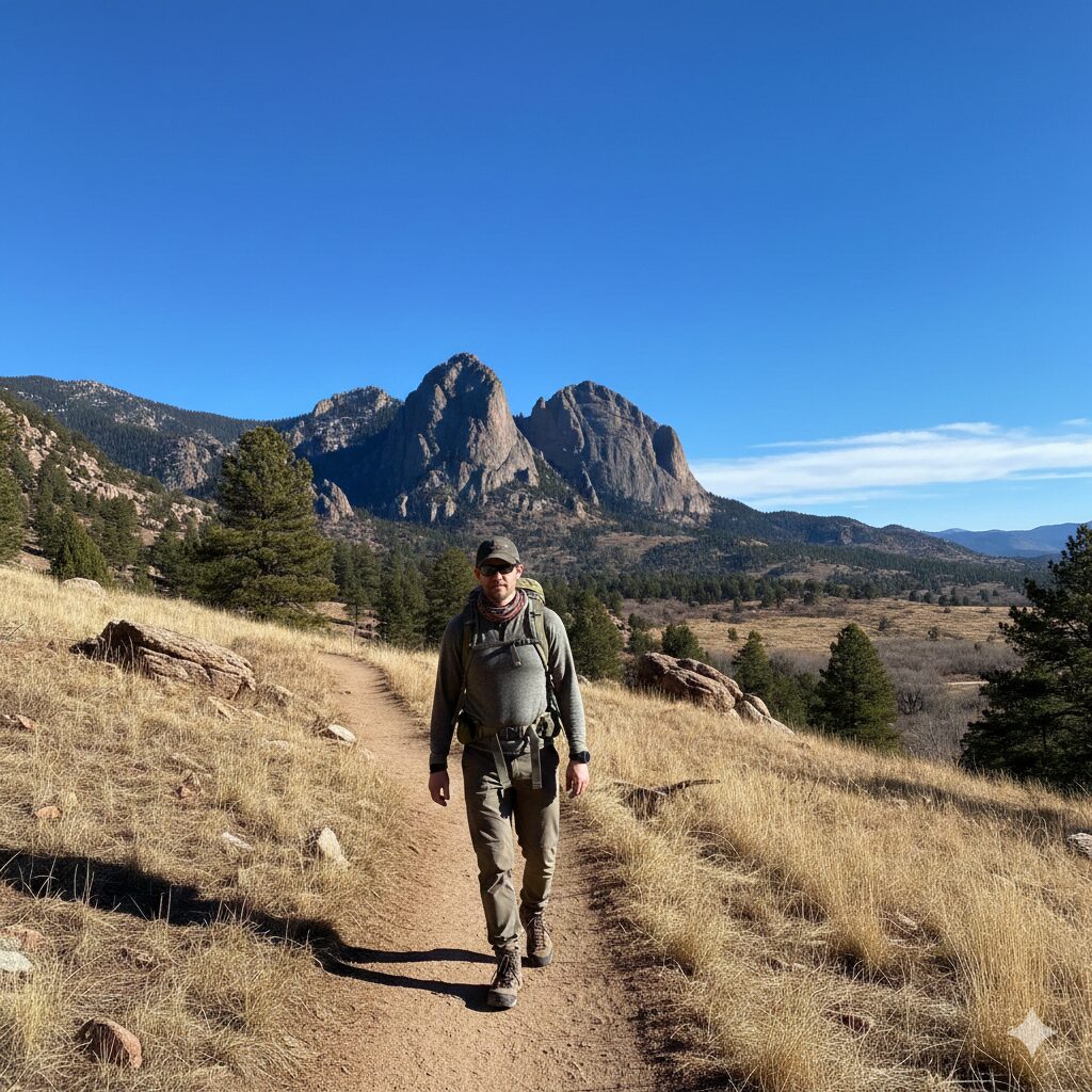 Person walking near the Flatirons in Boulder at high altitude under dry climate conditions