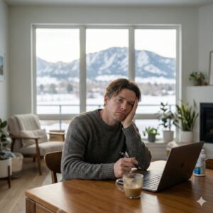 Professional experiencing winter brain fog indoors in Boulder with dry high altitude environment