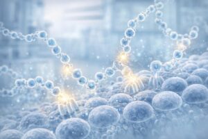 Are peptides safe explanation showing peptide molecules interacting with cellular receptors in a clinical context.