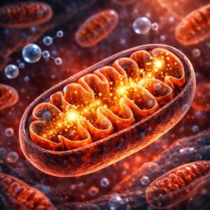 Scientific illustration of mitochondria producing cellular energy representing NAD+ related mitochondrial function.