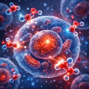 Scientific visualization of oxidative stress with reactive oxygen molecules interacting with human cells.