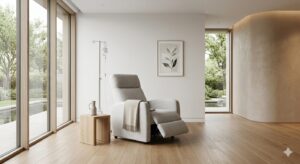 Modern wellness clinic room designed for IV therapy and recovery treatments.