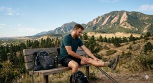 Active athlete resting after a hike in Boulder, representing recovery after physical activity.