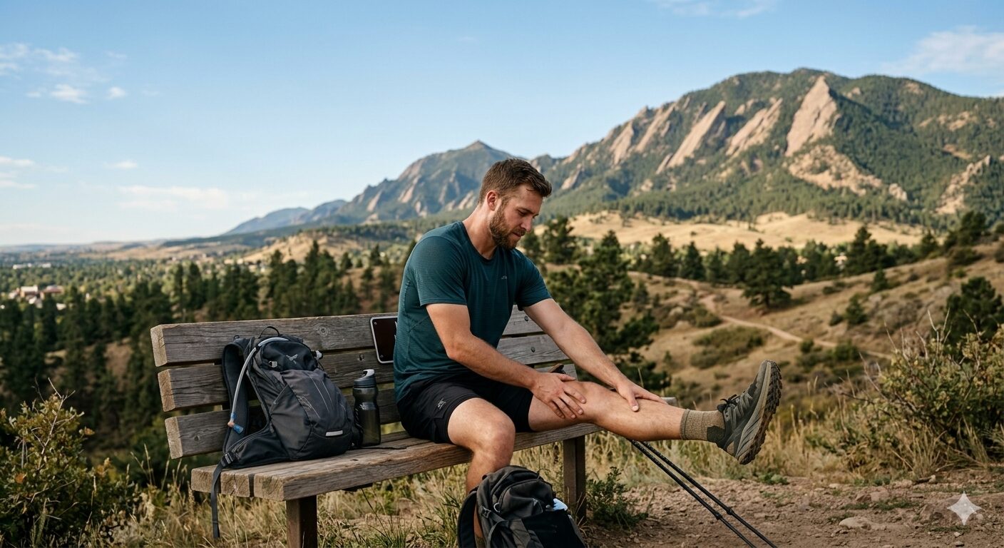 Active athlete resting after a hike in Boulder, representing recovery after physical activity.