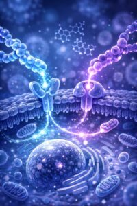 Scientific illustration of peptide molecules influencing hormonal signaling related to energy, sleep, and recovery.