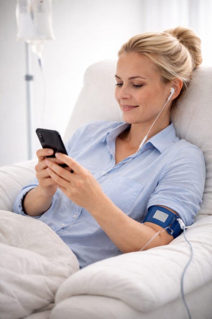 Woman receiving IV therapy while using her phone in a wellness clinic in Boulder Colorado