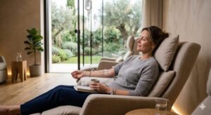 Patient relaxed during IV therapy session representing recovery and wellness support.