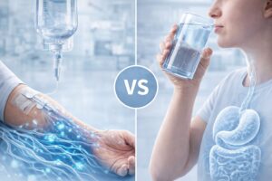 IV therapy vs drinking water comparison showing different hydration absorption methods in the body.