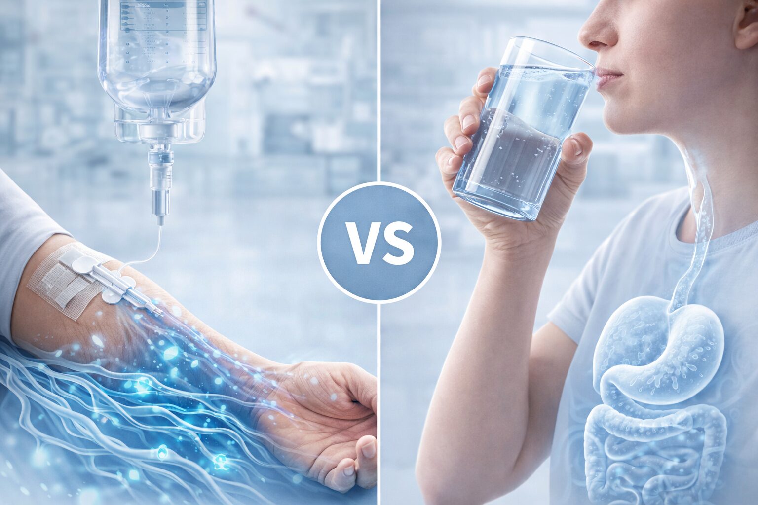 IV therapy vs drinking water comparison showing different hydration absorption methods in the body.