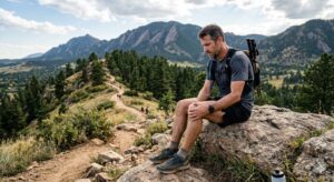 Hiker sitting during a trail in Boulder holding his knee representing joint discomfort and recovery needs.