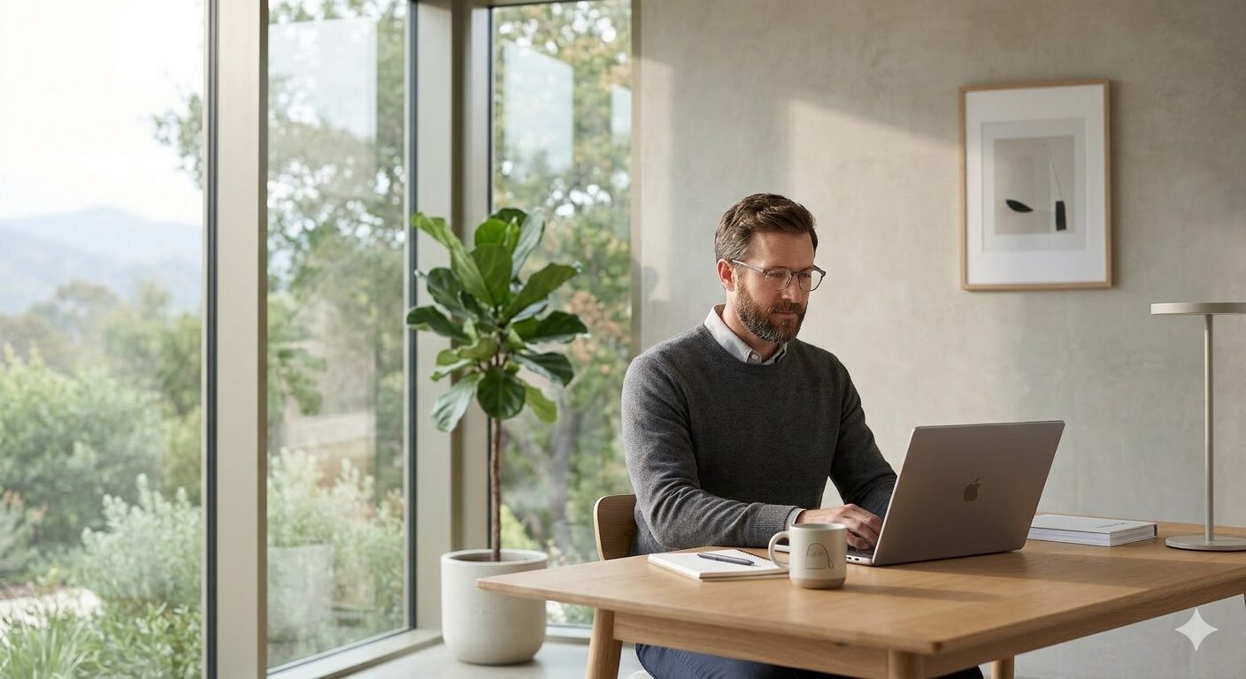Professional focused in a calm workspace representing mental clarity and energy balance.