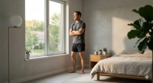 Athletic adult in a calm morning routine representing energy, sleep quality, and recovery.
