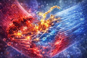 Scientific illustration of peptide molecules supporting tendon and connective tissue repair.