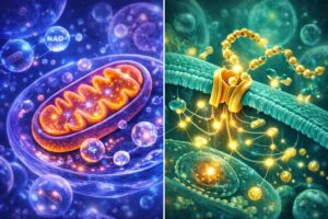 Scientific comparison of peptide signaling pathways and NAD cellular energy production processes.