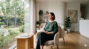 Patient sitting in a calm wellness clinic environment representing decision making in recovery and energy treatments.