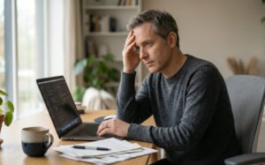 Person experiencing brain fog and mental fatigue while working on a laptop