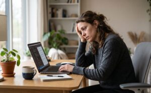 Person feeling tired and fatigued while working on a laptop at home