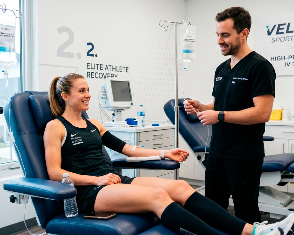 Athlete receiving IV therapy for performance and recovery in a clinical setting