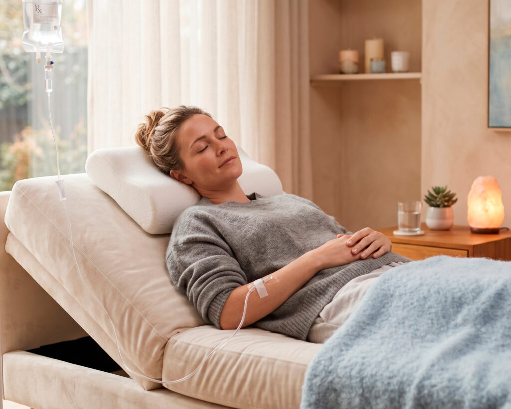 Patient receiving IV therapy for recovery and relaxation in a clinical setting