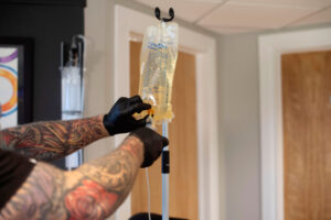 NAD IV therapy preparation in a clinical setting showing infusion process