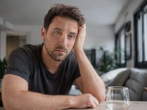 Man experiencing brain fog, fatigue, and low energy at home