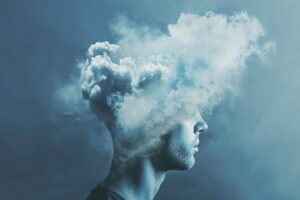 Conceptual representation of brain fog and mental fatigue affecting cognitive clarity