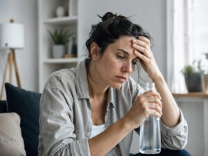 Woman experiencing fatigue and brain fog symptoms potentially related to dehydration