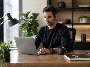 Focused professional working with mental clarity and sustained energy in a modern workspace