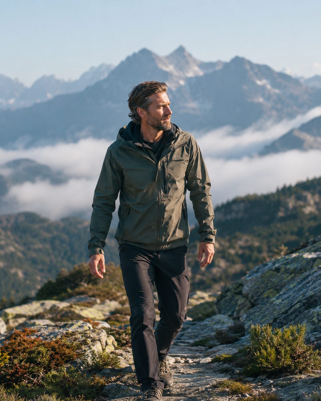 Active adult hiking outdoors representing recovery, performance, and daily energy support